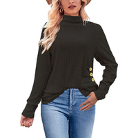 European And American Brushed Sunken Stripe Knitted Turtleneck Side Button Women's Top