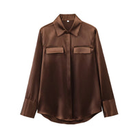 Womens Multi-Colored Shirt With Pocket Detail Lapel Collar And Silk-Satin Texture