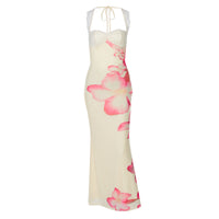 Womens Floral Print Off-Shoulder Lace-Patchwork Strap Backless Dress