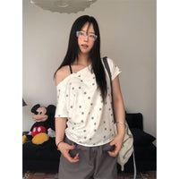 Retro Wing Embroidery Full-Print Star Loose Top For Women