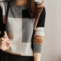 Color Contrast Soft Glutinous Long Sleeve Loose Slimming Women's Knitted Sweater