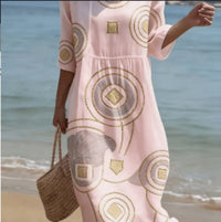 Women's Casual Round Neck Mid Sleeve Print Cotton And Linen Dress