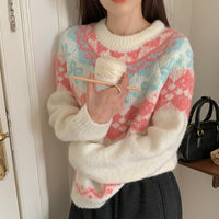 Loose Round Neck Contrast Jacquard Long Sleeve Knitted Top