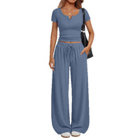 Women's Loungewear Short-Sleeve Top And Wide-Leg Pants Set