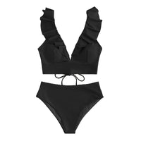 Crinkled Lace Double Strap High Waist Split Swimsuit