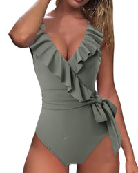 One-Piece Lotus Leaf Swing Bow Knot Strap Swimsuit
