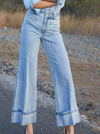 European And American High Waist Beaded Stretch Curling Jeans Wide Leg