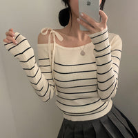 Casual Diagonal Collar Off-the-shoulder Strap Striped Color Matching Sweater Top