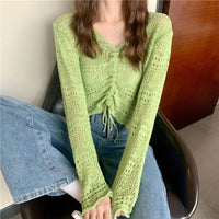 Drawstring V-neck Relaxed-fit Sun-protective Long-sleeve Cover-up