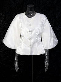Round Neck Solid Color Single-breasted Lantern Sleeve Shirt