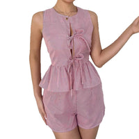 Womens Fashion Striped Short-Sleeve Bow-Knot Shorts Set