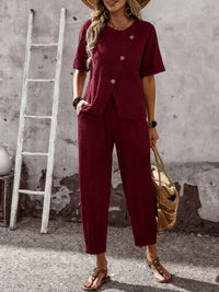 Elegant Buttoned Short-Sleeve Pants Casual Two-Piece Set