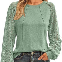 Women's Lace Patchwork Round Neck Pleated Long Sleeve Top