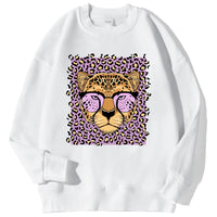 Womens Casual Loose Fleece-Backed Sweatshirt With Leopard Print
