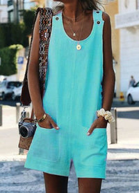 Summer New Style Women Pocket Button Cotton And Linen Strap Button Jumpsuit