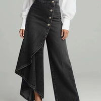 Denim Skort With Button Closure And Washed Finish For Women
