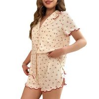 Floral-print Lapel-collar Button-up Cardigan Loungewear Set