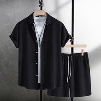 Men's Casual Fashion Jacquard Short Sleeve Shirt Shorts Suit