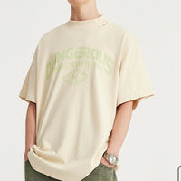 Men's Brushed Wide Version Small Turtleneck Imitation Tape Printed T-shirt