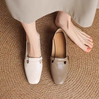 Retro Square Head Genuine Leather Shallow Mouth Shoes Women