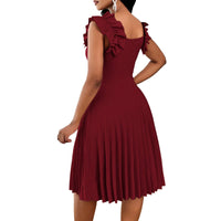 Womens Solid-Color Ruffle-Sleeve Square-Neck Pleated Dress