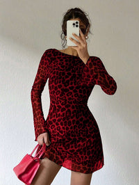 European And American-style Sexy Backless Leopard-print Long-sleeve Dress