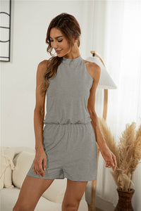 Split Back Button Halter Off-shoulder Jumpsuit Shorts