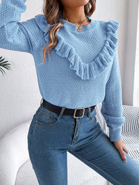 Women Elegant Solid Color Ruffled Long Sleeve Pullover Sweater