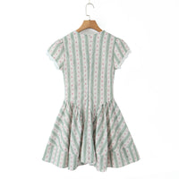 French-style Floral Print Bow-Detailed Striped Lace V-Neck Mini Dress
