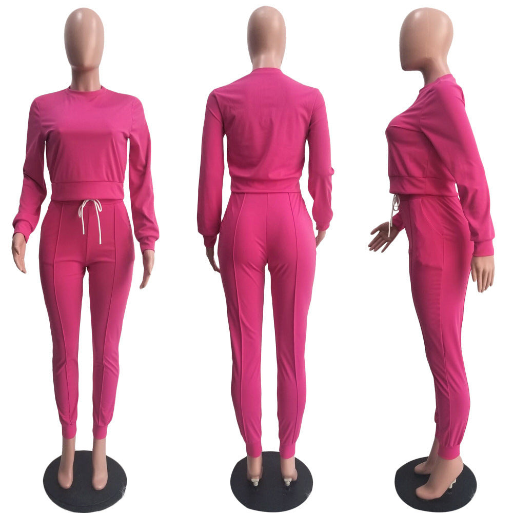 Women's Casual Sports Solid Color Long Sleeve Pullover Top Drawstring Trousers Suit