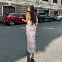 Floral-print Lace-spliced Deep V-neck Slip Dress