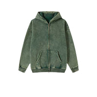 Washed Hooded Cardigan Vintage Fleece-lined Double Zipper Sweater