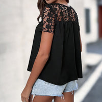 Black Lace Patchwork Top French-style Sexy Hollow-out Lace Short Sleeves