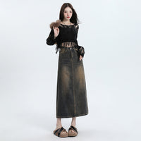 Denim Skirt Design Pocket Slit Retro Hip-wrapped Midi Skirt