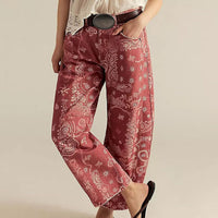 Womens Relaxed-fit Floral Cropped Wide-leg Mid-rise Jeans
