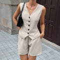 Womens Retro Button V Neck Vest Set