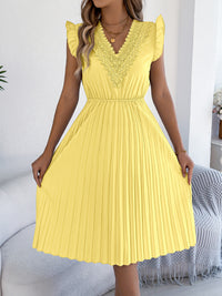 Casual Lace V-neck Ruffled-waist Pleated Dress
