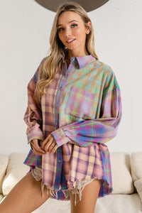 Plaid Color-Block Button-Up Shirt For Women