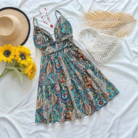 Printed Strap V Neck Hollow Out Backless Beach Dress