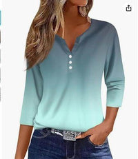 Women's T-shirt V-neck Half-open Tube Three-button Printed 34 Sleeves Top