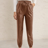 Motorcycle Leather Versatile Elastic Waist PU Leather Leather Pants Women