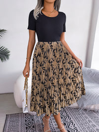 Women   Casual Leaf Print High Waist Pleated Midi Dress