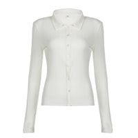 Casual Simple Slim-fit Single-breasted Cardigan Polo Collar Long Sleeve T-shirt