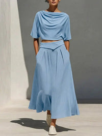Womens Crew-Neck Short-Sleeve Casual Top And High-Waist Skirt Set