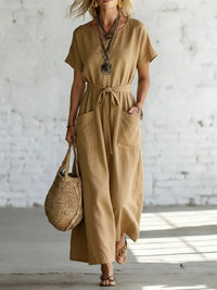 Short-sleeve V-neck Casual Cotton-linen Dress With A Belt