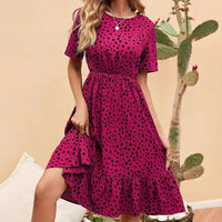Womens Fashion Polka-Dot Crew-Neck Short-Sleeve Dress