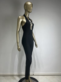 Halter Deep V Diamond Rose Tight Jumpsuit Party Dress