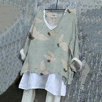Womens Embroidered Loose Linen Top With Long Sleeves