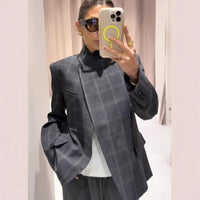 Womens Plaid Stand Collar Single-Breasted Long-Sleeve Casual Blazer