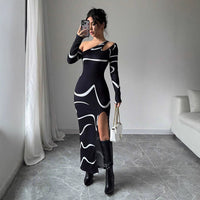 Elegant, Refined Off-shoulder Design Figure-hugging Fit Graffiti Print Asymmetric Long-sleeve Split Dress